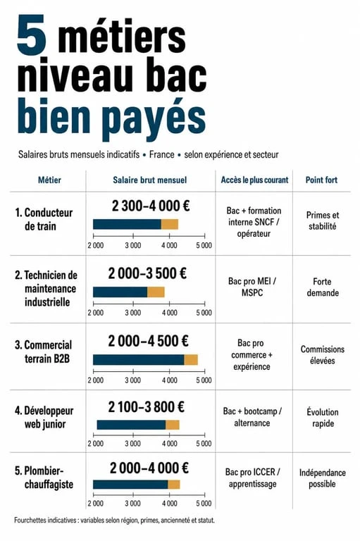 Infographie des métiers niveau bac bien payé avec salaires, accès et points forts