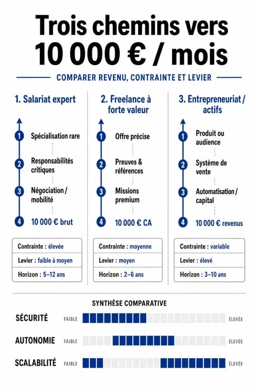 Infographie sur gagner 10000 euros par mois avec trois voies possibles