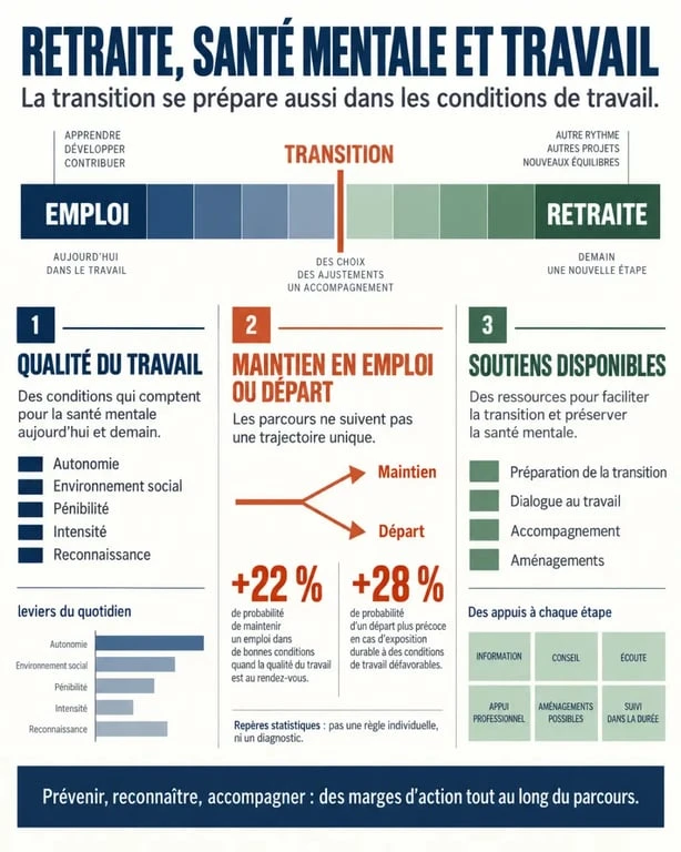 Infographie sur la retraite, la santé mentale et les conditions de travail