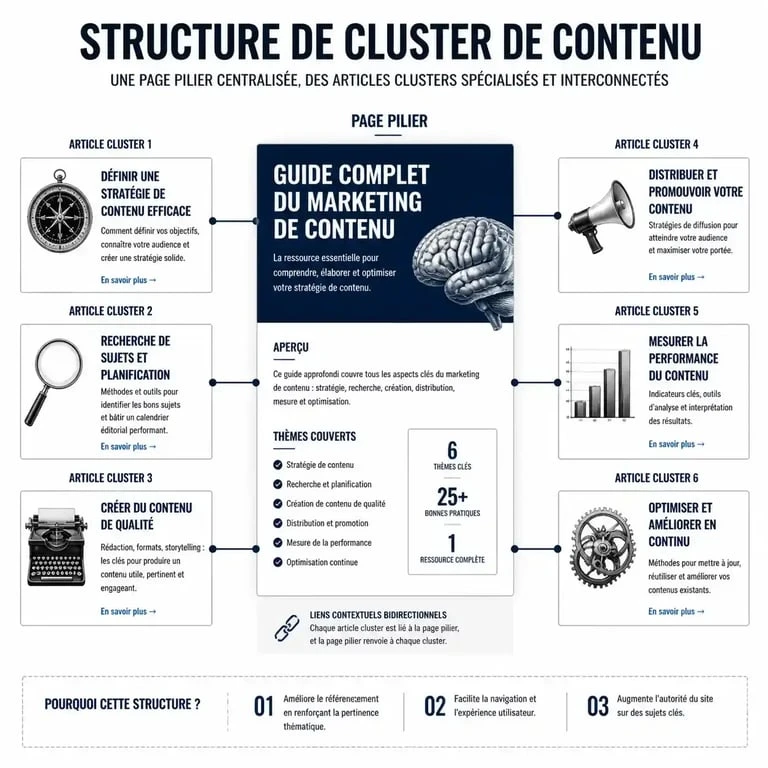 Schéma d'une stratégie éditoriale SEO avec page pilier et clusters de contenu