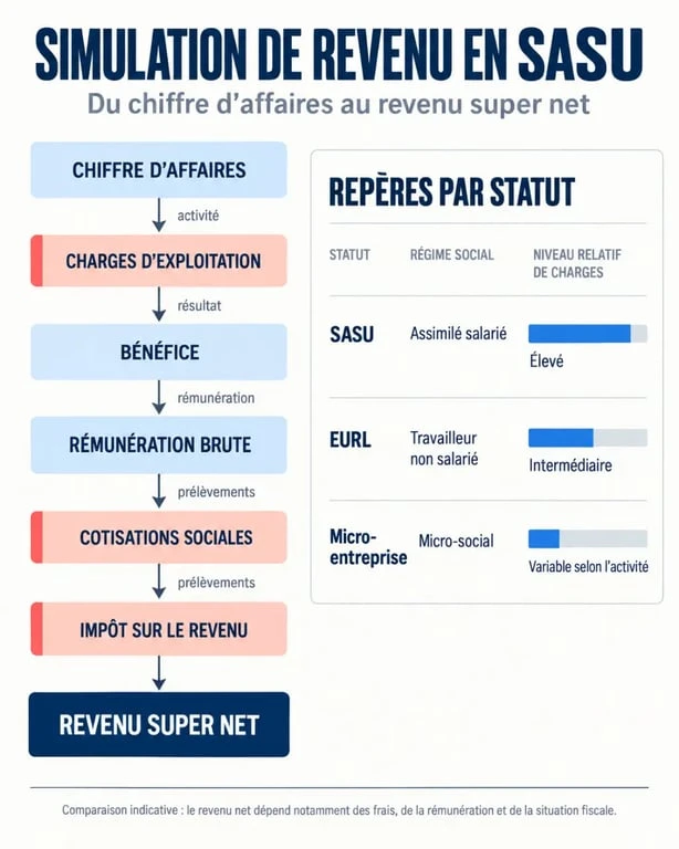 Simulation revenu SASU : schéma du chiffre d’affaires au revenu super net et comparaison des statuts