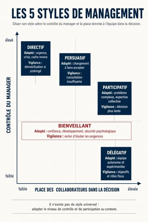 Infographie comparative des différents types de management et de leurs situations d'application