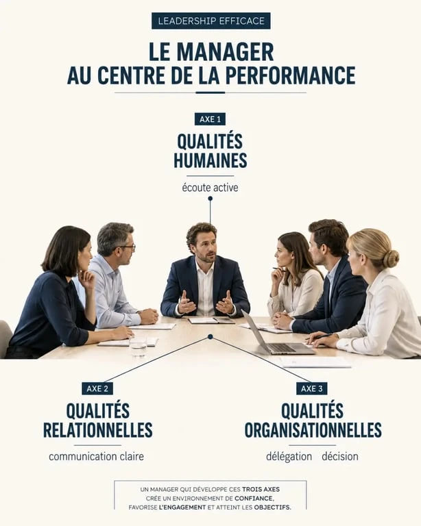 Qualités du manager illustrées dans une scène éditoriale sur l’écoute, la communication et la délégation
