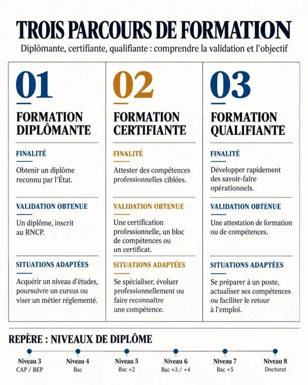 Infographie sur la formation diplômante, certifiante et qualifiante