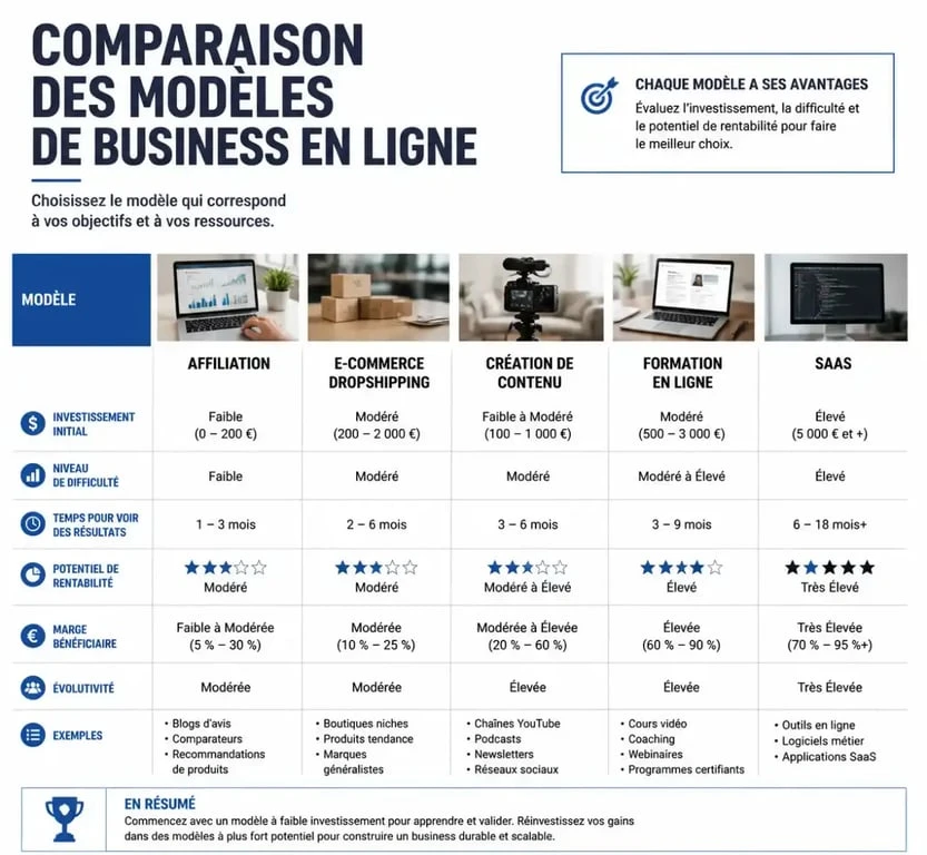 Tableau comparatif des modèles de business en ligne : investissement, difficulté et rentabilité