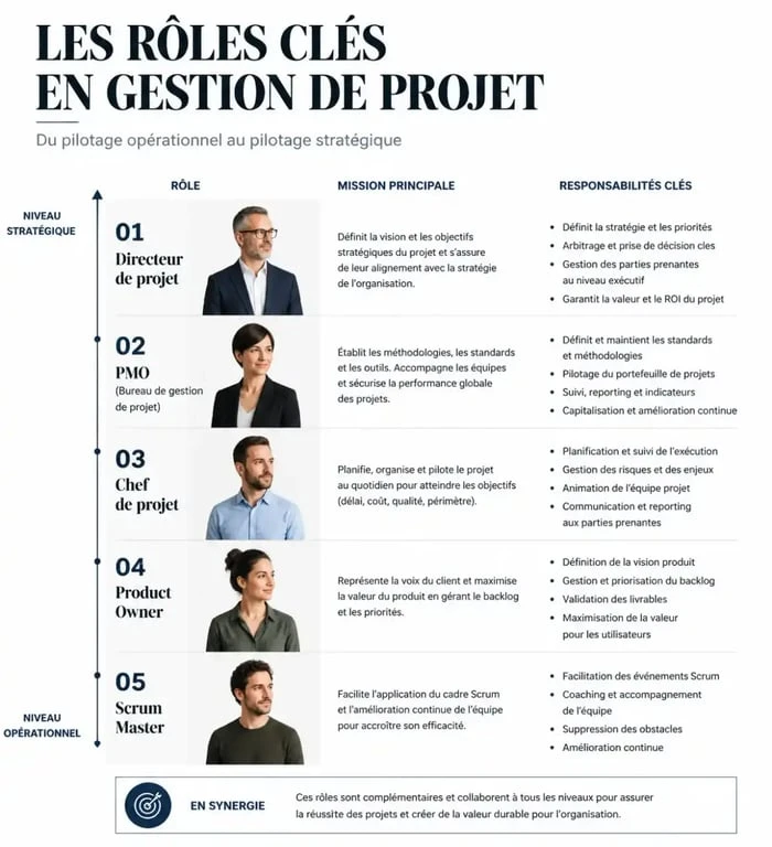 Schéma récapitulatif des différents métiers de la gestion de projet