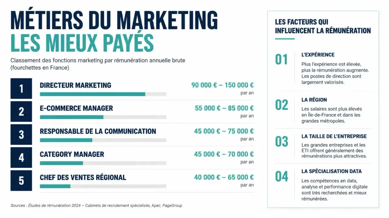Les métiers du marketing les mieux payés illustrés par un classement visuel des salaires et des critères de rémunération