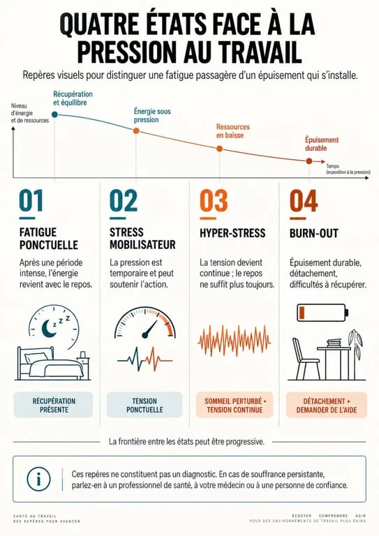 Infographie pour comprendre comment éviter le burn-out en distinguant fatigue, stress, hyper-stress et épuisement professionnel