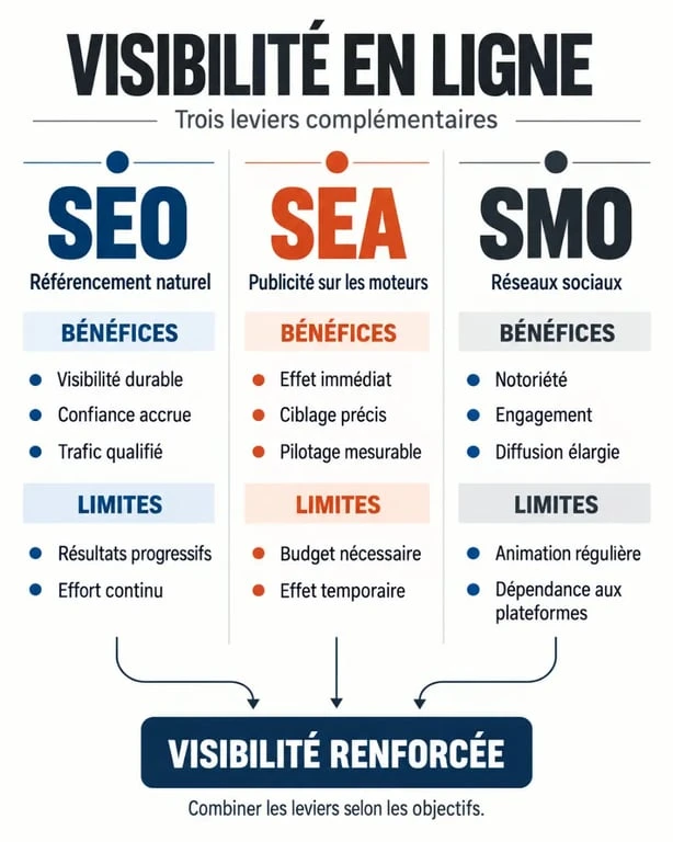 Infographie sur le référencement présentant les différences entre SEO, SEA et SMO