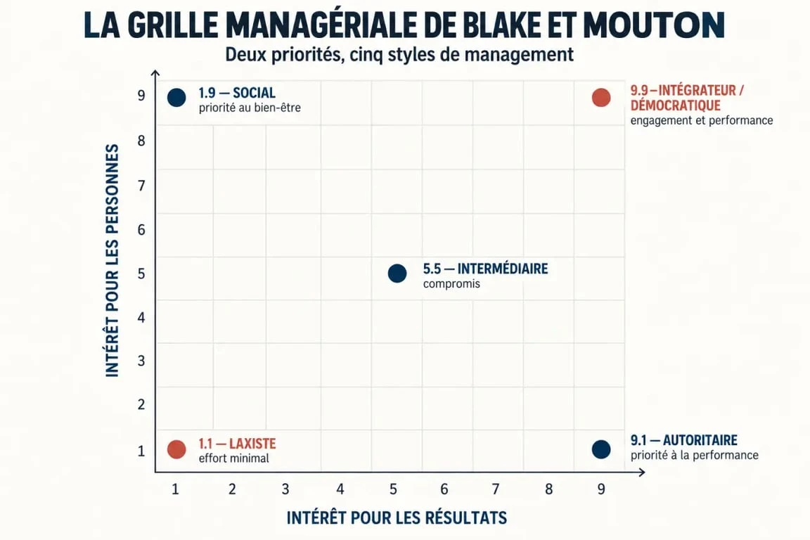 Grille de Blake et Mouton avec les cinq styles de management et ses deux axes