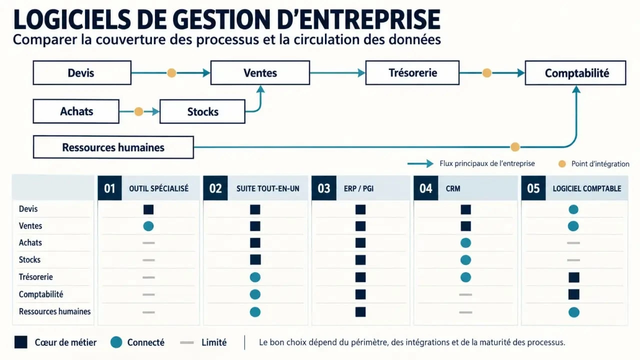 Logiciel gestion entreprise : infographie comparative entre outil spécialisé, suite intégrée, CRM et ERP