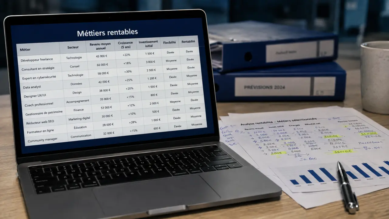 Métier à son compte qui payé bien : consultant, cybersécurité, data sur bureau