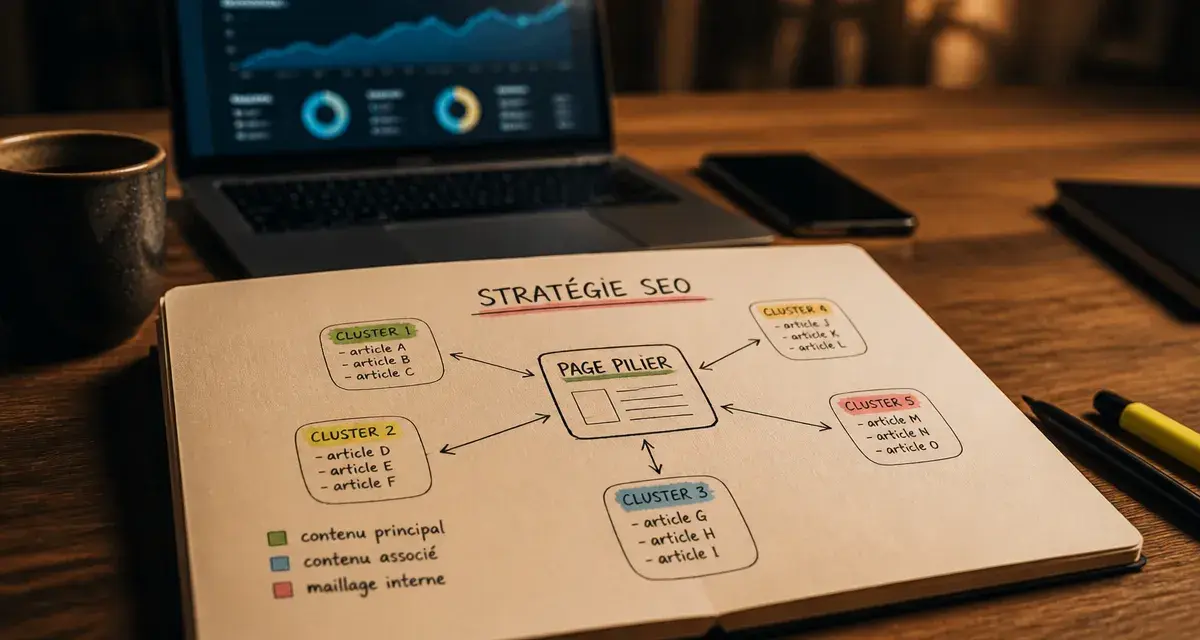 Stratégie éditoriale pour le seo : schéma SEO sur bureau, moteur de croissance