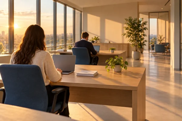 Deux personnes travaillent à proximité de grandes fenêtres dans un bureau lumineux.