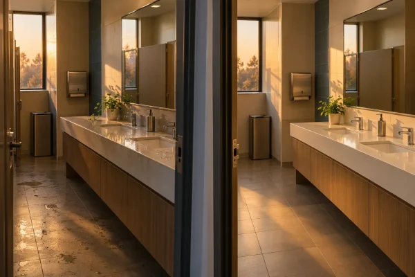 Salle de bains ou toilettes d'entreprise avec deux lavabos et miroirs, éclairage naturel et plantes sur les plans de travail.