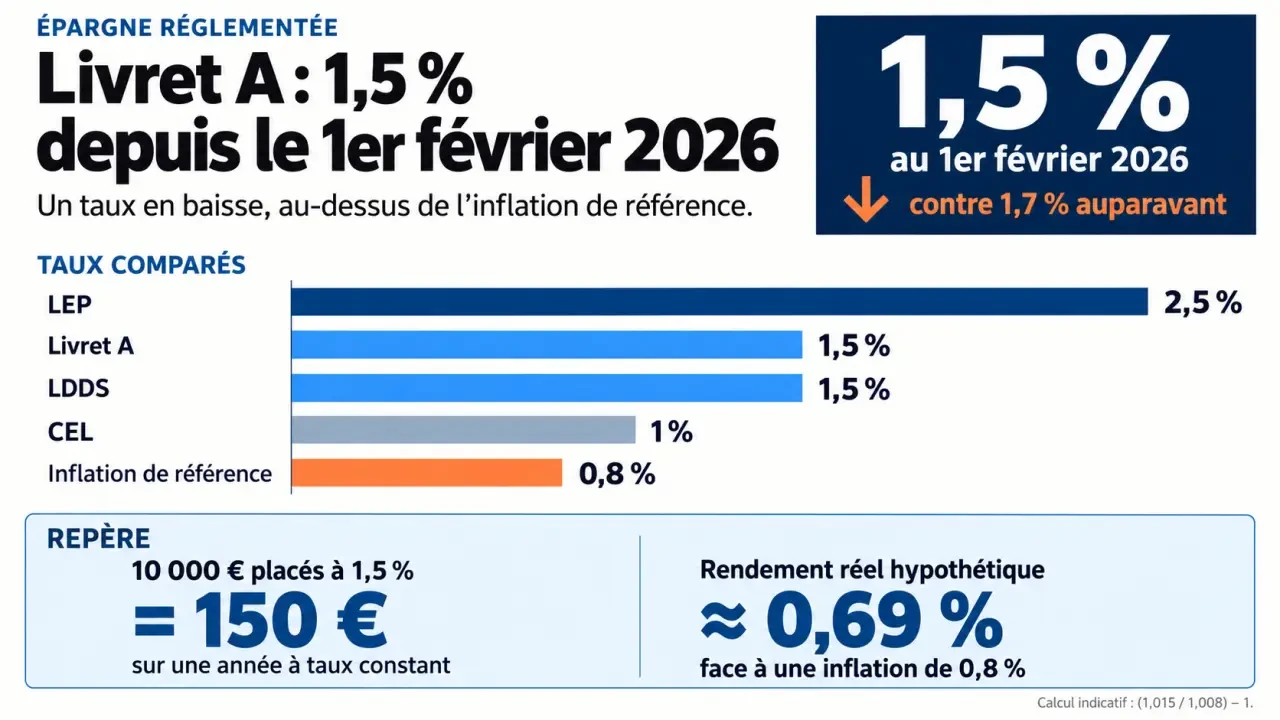 Rendement Livret A février 2026 : taux de 1,5 % comparé au LEP, au LDDS, au CEL et à l’inflation