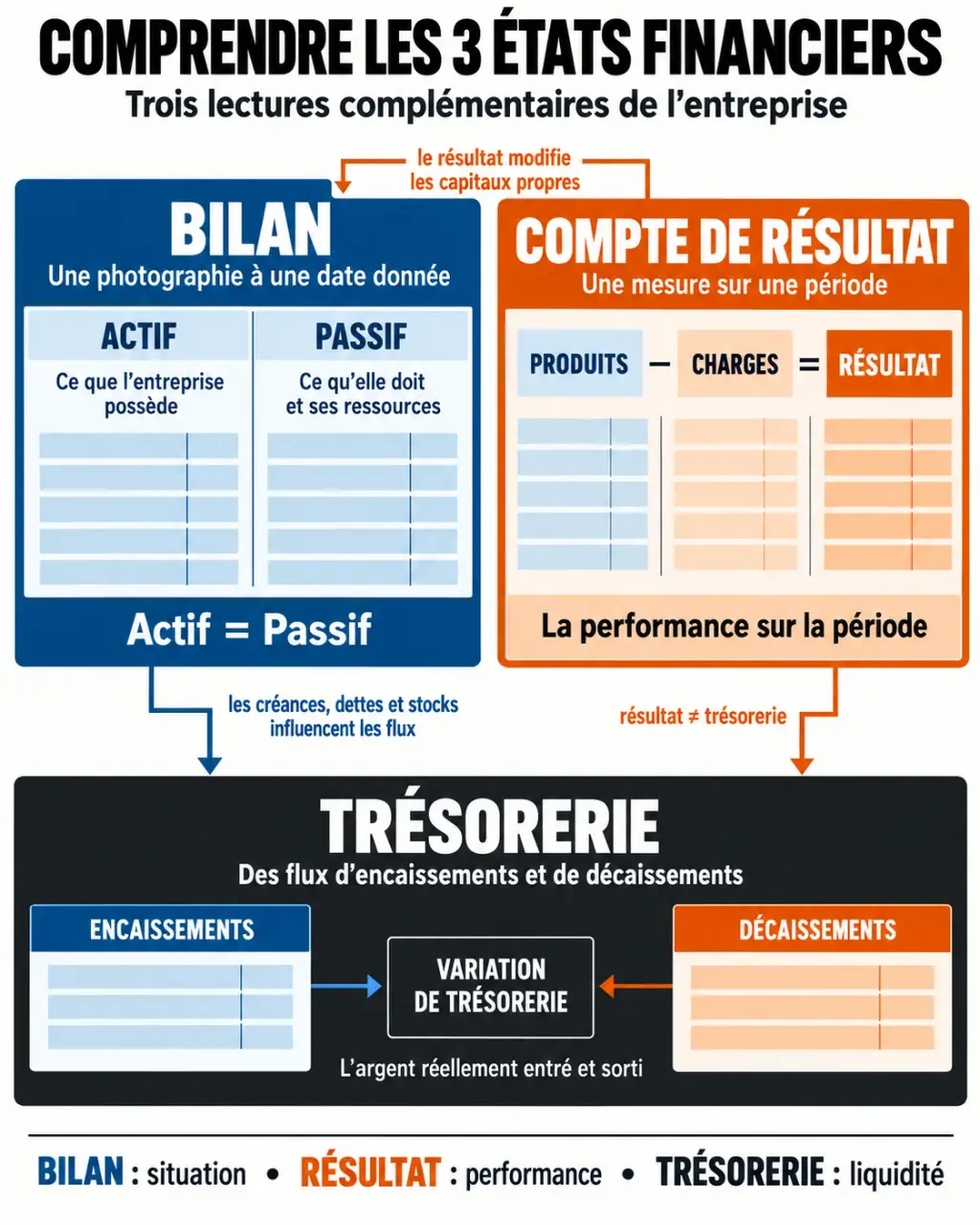 Infographie de comptabilité reliant bilan, compte de résultat et trésorerie