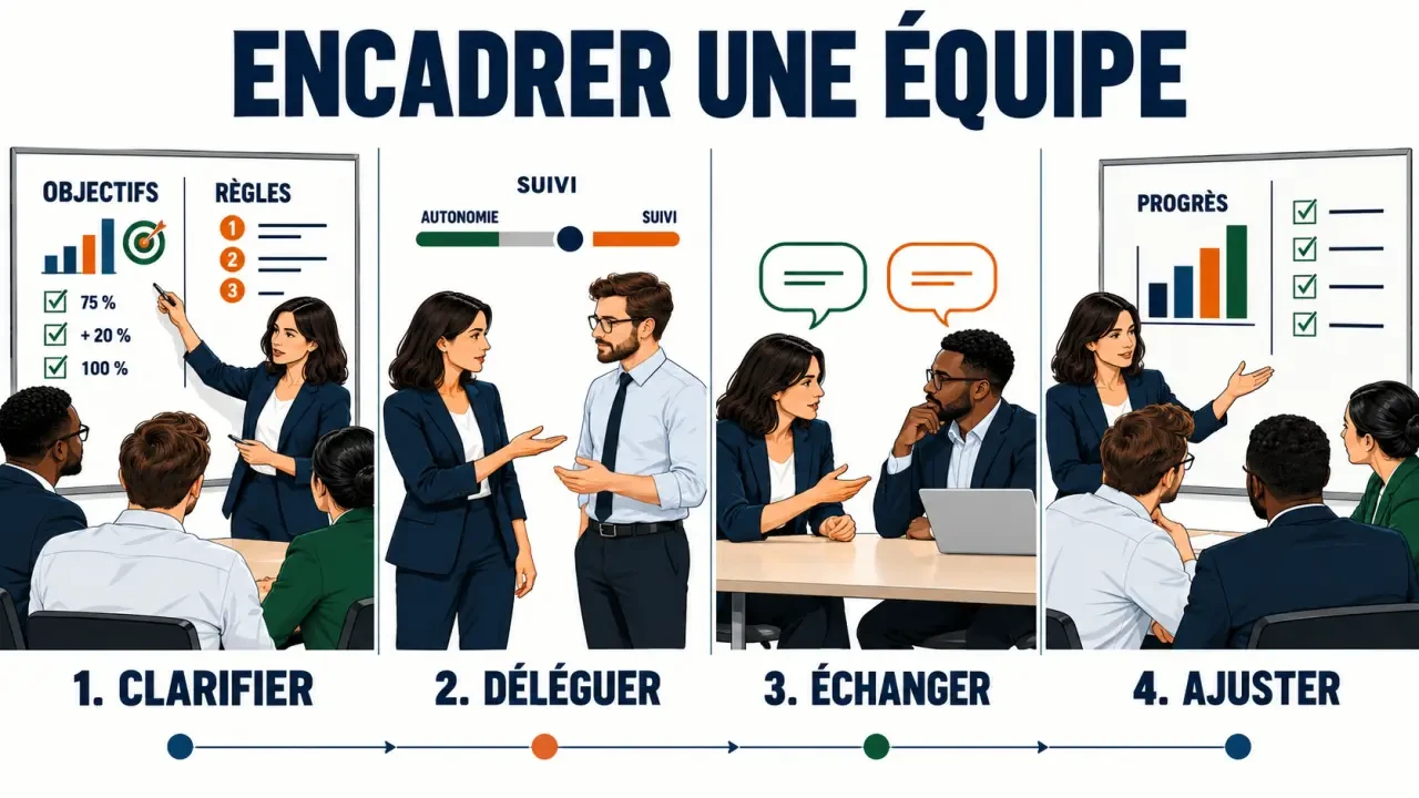 Étapes clés pour encadrer une équipe : objectifs, délégation, confiance et gestion des tensions