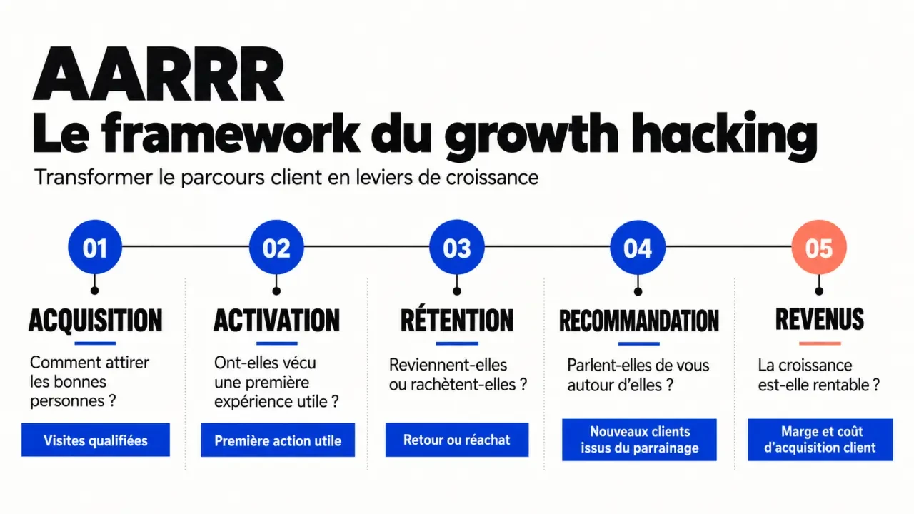 Infographie des techniques de growth hacking avec le framework AARRR et ses cinq étapes