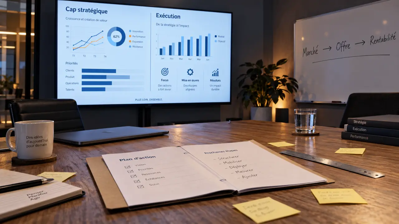 marketing stratégique, réunion avec visualisation marché-offre-rentabilité